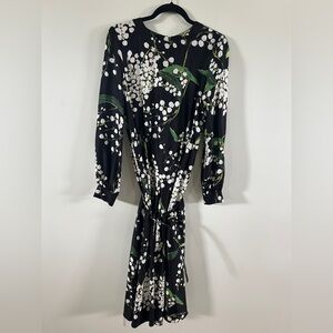 OSCAR DE LA RENTA Dress Black Foxglove Florals Belted Long Sleeve Womens Size 6